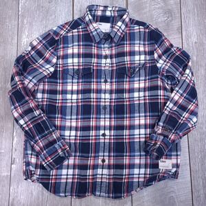 Tilley Flannel Shirt Women Large Blue Red Plaid Button Down Long Sleeve Cotton